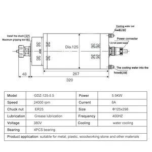 CNC Spindle Motor 5.5kw ER25 Water Cooling Spindle 220V 380V 100mm Diameter For CNC Router Woodworking Engraving Machine thumbnail-3