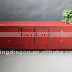 Chinese Antique Furniture Pine Wood Shanxi Reproduction Recycle Wood Red Two Door Four Drawer TV Cabinet thumbnail-1