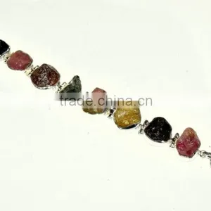 Raw Tourmaline Natural Gemstones 925 Sterling Silver Bracelet thumbnail-2