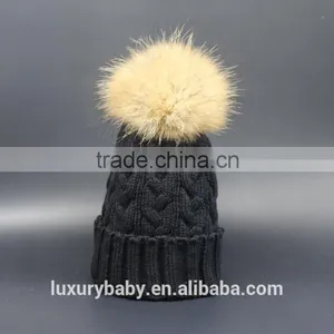 Black Color Wool Hats With Fur Balls Raccoon Fur Pompoms Hat thumbnail-2