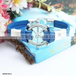 Fashion Black Leather Rudder Charm Bracelet thumbnail-3