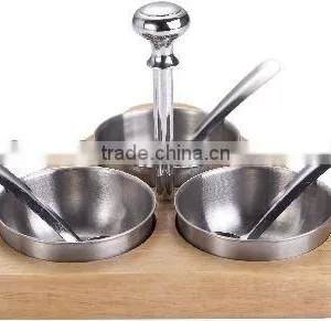 3-bowl Relish Server With Wood Base Stainless Steel thumbnail-1