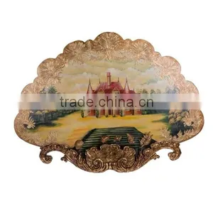Elegant Floral Painting Hanging Wall Art, Decor Fan Shaped Wall Picture, Solid Wood Carved Hanging Wall Painting thumbnail-2
