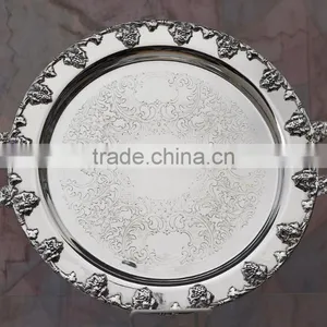 Silver Plate Round Service Tray , Room Service Tray, Airlines Service Tray, Decorative Food Trays, Arabic Metal Trays thumbnail-1