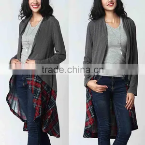 OEM Korean Style Designs Women Fashion Long Sleeve Charcoal Plaid-Hem Drape Sweater Cardigan thumbnail-1