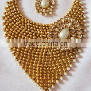 Polki Gold Tone Pearl Bollywood Necklace EARRING Set Bridal thumbnail-2