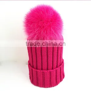 Myfur Hot Pink Rose Winter Wool Knit Hat With Fox Fur Pompom Attached thumbnail-1