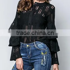 Runwaylover 121 2017 Ladies Sexy Flare Sleeve Lace Transparent Blouse thumbnail-1