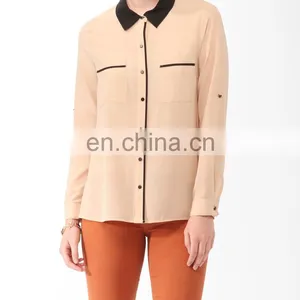 CHEFON Contrast Trim Relaxed Fit Patchwork Open Back Blouse With Low Back thumbnail-2