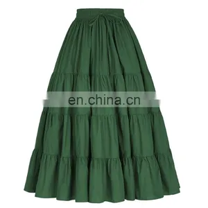 Belle Poque Women's Solid Green Color Wide Hem Cotton Maxi Skirt Long Skirt BP000207-3 thumbnail-1