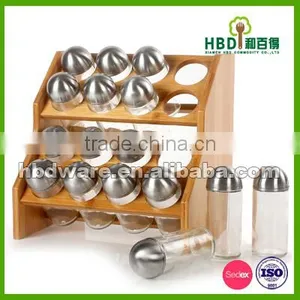 Kitchen Wood Condiment Holder With Glass Jar Set thumbnail-1