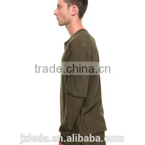 Pieced Layered Construction Raw Mens Athleisure Crew Neck Collar Longline Tees thumbnail-3