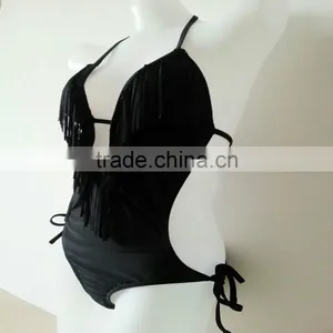Lady Solid Black Tassels Swimwear One Piece thumbnail-2