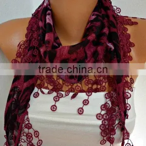 Burgundy Leopard Print Scarf Animal Scarf Shawl Cowl Scarf Necklace Cotton Scarf Gift Ideas For Her Women Fashion Accessories - thumbnail-2