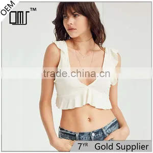 Women's Sleeveless Cami White Ruffled Sexy Midriff Low Cut Vest Tops thumbnail-1