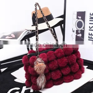 Korean Style Woman Rabbit Fur Ball Hand Bag Contrast Color Female Chian Bag thumbnail-1