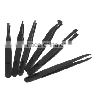 100% Band New 6pcs Black Anti-static Plastic Tweezers Heat Resistant Repair Tool Straight Bend Promotion thumbnail-2