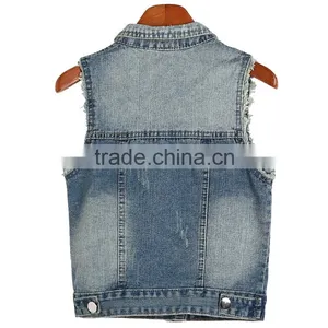 2016 New Style Women's Turn-down Collar Frayed Denim Waistcoat thumbnail-2