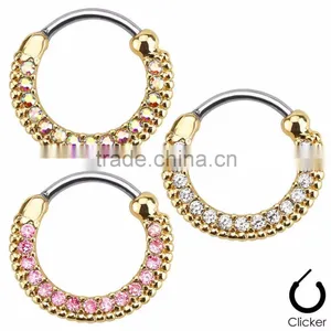Round Paved Gems Nipple Ring Septum Clicker thumbnail-1