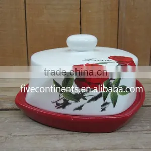 Hot Selling Red Rose Decal Ceramic Butter Dish With Lid thumbnail-1