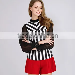 PRETTY STEPS 2016 White and Black Vertical Stripes Sexy Women See Through Blouses Shirts Tops thumbnail-1