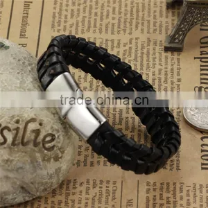 Custom Handmade Bracelet for Men Braided Black Leather Flat Bracelet thumbnail-3