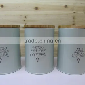 Hot Sales Set of 3 Attractive Home Metal Sugar Tea Coffee Canisters With Bamboo Lid thumbnail-4