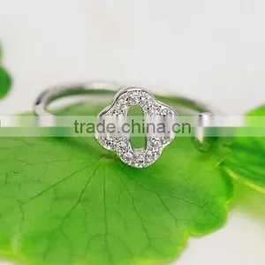 Spritual Charm Accessory Lucky Clover Design Top Zircon Diamond Sterling 925 Silver Open Ring thumbnail-3