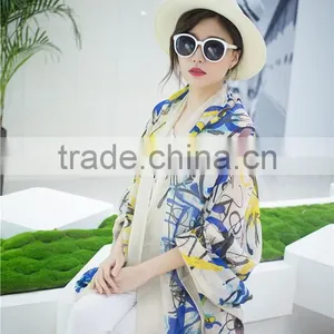 2016 Women Winter Long Scarf Shawl Spring Autumn Female Blue Silk Scarves Printed Summer Silk Beach Cover thumbnail-1