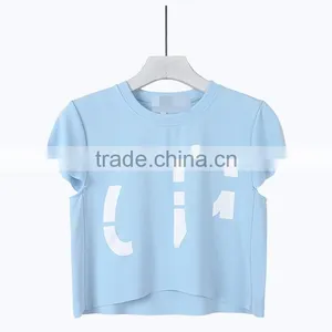 Custom Latest Design Dew Navel Attire Garment ,woman O-neck Short Sleeve Cut off T-shirts thumbnail-1