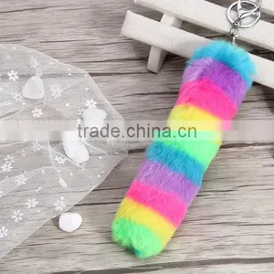 Rainbow Printed Logo Metal Crab Cheap Fake Fur Fox Tail Keychain Manufacture thumbnail-6