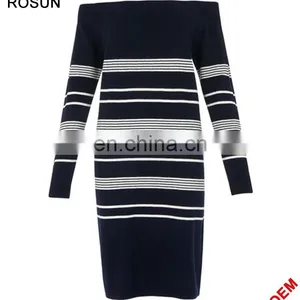 ROSUN Factory OEM Elegant Strip Knitted Sweater Dress Wholesale thumbnail-1
