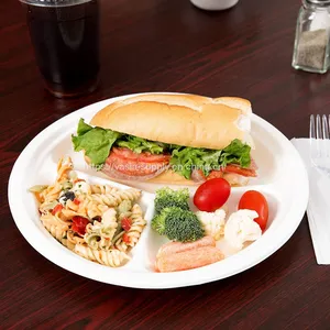 9 Inch Heavy-Duty Plates Low Price Package 100% Compostable 500 Pack 3 Compartment Eco-Friendly Disposable Sugarcane Pulp Bagasse Plates thumbnail-4