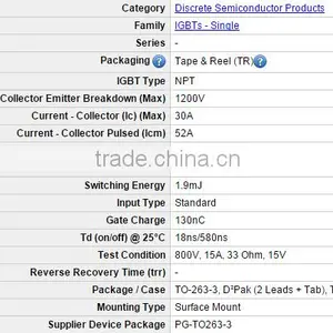 NPT IGBTs - Single SGB15N120 IGBT 1200V 30A 198W TO263-3 thumbnail-3