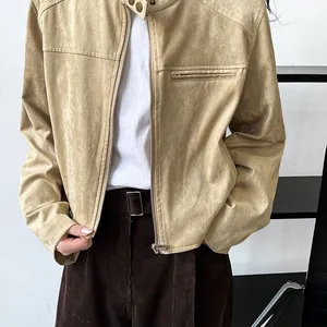 Luxi Early Autumn New Retro Stand up Collar Buckle Suede Jacket Women's Hong Kong Style Short Motorcycle Jacket Top thumbnail-4