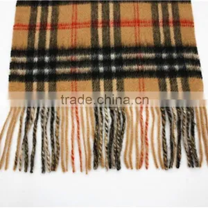 Camel Yarn Dyed Checked Double Faced Plain Wool Scarf With Fringe thumbnail-5