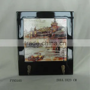 Black Lacquer Wood Decorative Wall Hanger With Scenery Design thumbnail-1