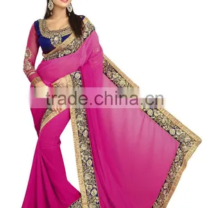 Pink Georgette Embroidery Saree With Valvet Blouse thumbnail-1