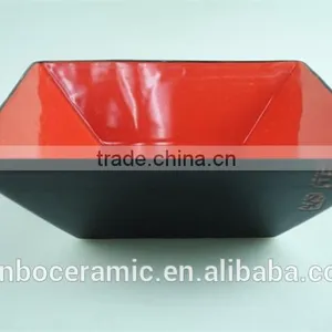 Square Japanese Noodle Bowl Red & Black Ceramic Stoneware, Large Ceramic Salad Bowls Japanese Style thumbnail-2