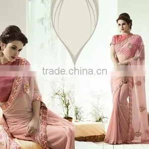 Heavy Embroidery Designer Saree Catonic/Nylon+Georgette With Neps Dhupian Blouse/saree Blouse Hand Designs/new Border Design Sar thumbnail-1