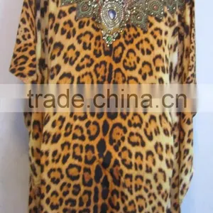 ANIMAL Print Crystal Embellished Caftan Crepe KAFTAN Tunic Poncho Blouse thumbnail-6