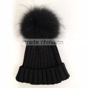 Myfur Fashion Detachable Raccoon Fur Pom Poms Knit Beanie Cap for Adults thumbnail-2