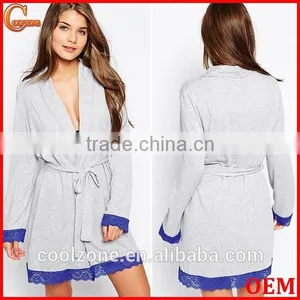 Open Front Design Lightweight Bath Robe,women Lace Trim Robe With Self-tie Belt thumbnail-1