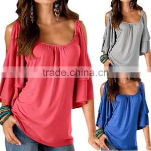Women Off Shoulder Short Sleeve Casual T-Shirt Tops Loose Blouse thumbnail-1