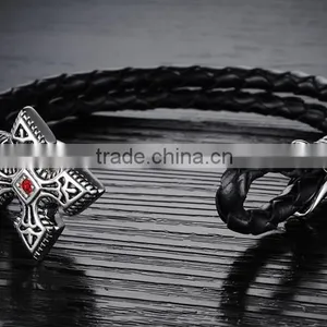 Genuine Cow Leather Weave Bracelets Titanium Steel Big Brand Vintga Antic Cross Man Bracelet thumbnail-4