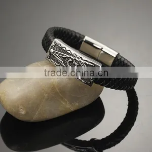 Braided Black Genuine Leather Bracelet Wholesale Mens Stainless Steel Clasp thumbnail-3