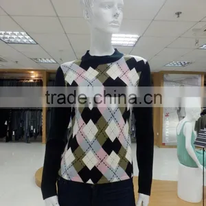 Ladie's Crew Neck Long Sleeve With Intarsia Argyle Patter Pullover Knitwear thumbnail-1