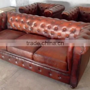 3 Seater Leather Sofa in Mango Wood thumbnail-1
