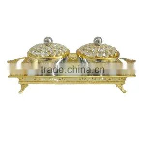 Gold Crystal Decorated Dry Fruit 2 Pcs Bowl Set With Serving Tray, Salad Bowl Set thumbnail-1
