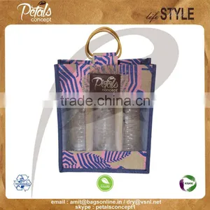 PP Laminated Jute Three Bottle Wine Bag With Wooden Cane Handle thumbnail-1